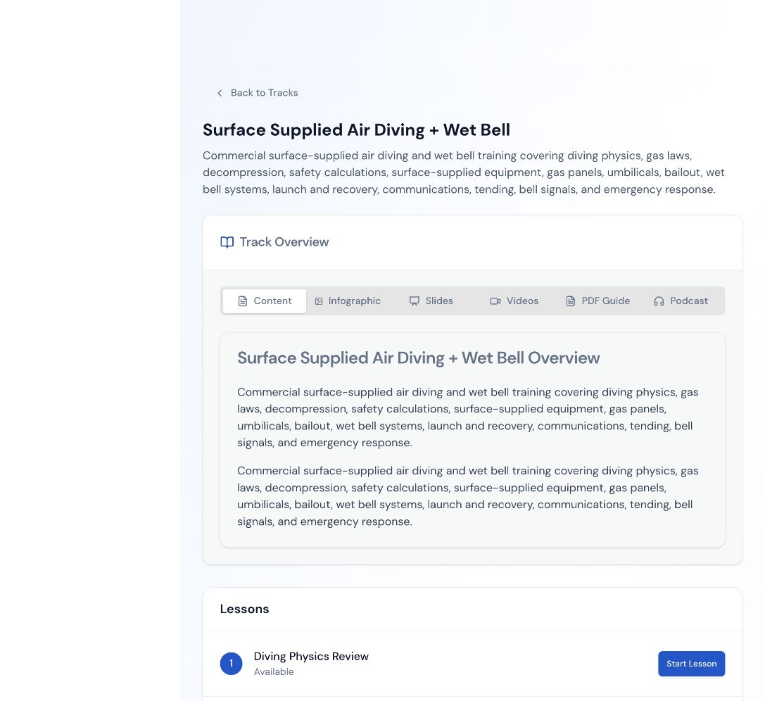 Surface Supplied Air Diving and Wet Bell track overview with learning media and lesson content